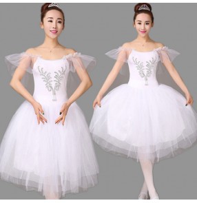 White embroidery rhinestone modern dance performance competition women's swan lake ballet dance dresses costumes