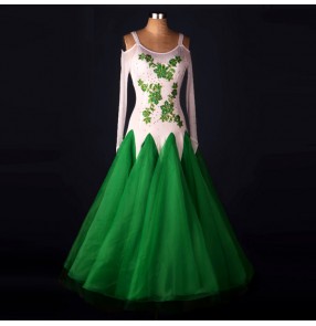 White green patchwork embroidery pattern diamond long sleeves competition women's ladies stage performance ballroom tango waltz dance long length dresses