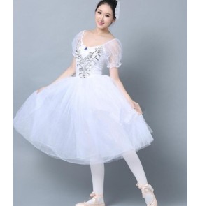 White short puff sleeves competition modern dance performance cosplay women's ladies tutu skirted adult ballet gymnastics dresses