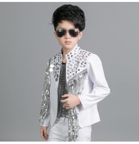 White silver lens sequins fringes fashion boys kids children baby competition drummer performance hip hop jazz dancing jackets coats