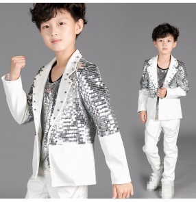 White silver patchwork long sleeves boys kid children baby fashion jazz singer drummer performance ds hip hop dance coats blazers