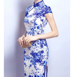 White with blue floral printed side split sexy Chinese style women's wedding evening party cocktail cheongsam dresses vestidos