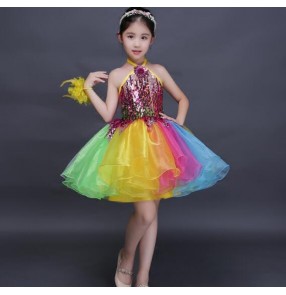 Wholesale rainbow colored sequins paillette flower girls wedding  cos play party piano stage performance modern jazz singer dancing dresses outfits costumes 