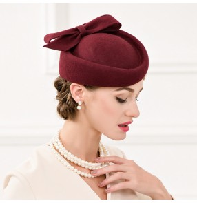 Wine red colored 100% Australian wool women's ladies pillbox vintage wedding party event cocktail banquet performance hats headwear fedoras