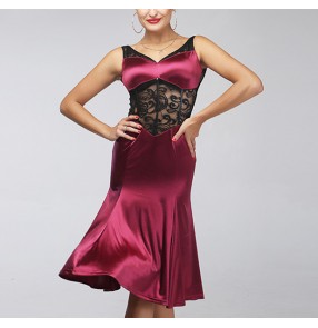 Wine red velvet shiny black lace patchwork backless sexy fashion v neck long length women's competition performance latin salsa cha cha dance dresses outfits