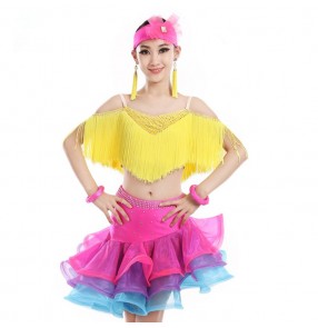 Yellow fringes tassels rhinestones competition girls kids children latin salsa ballroom dance dresses outfits