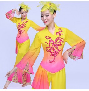 Yellow fuchsia hot pink gradient colored women's ladies Chinese folk fairy yangko fan dance traditional dance costumes clothes