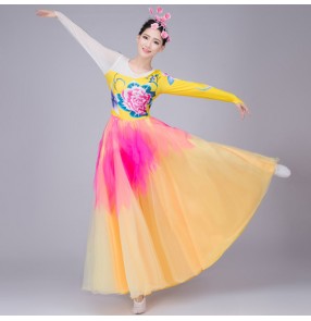 Yellow fuchsia patchwork long sleeves flowers women's ladies modern dance flamenco opening party chorus singer dancing dresses outfits