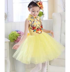 Yellow gold girls kids children phoenix princess stage performance singer chorus cos play modern dance dresses outfits