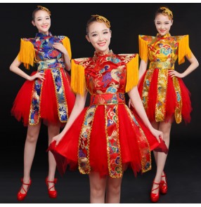 Yellow gold royal blue red dragon embroidery pattern fringes stage performance women's ladies female drummer playing cos play Chinese style yangko folk dancing dresses outfits 