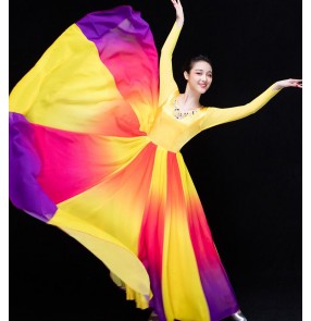 Yellow gold violet patchwork gradient colored v neck long sleeves competition stage performance Spanish flamenco modern big skirted dancing dresses outfits