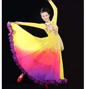Yellow gold violet sequins women's ladies female long sleeves stage performance opening dancing flamenco singer dance big skirted dresses outfits