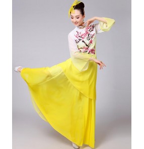 Yellow gradient colored women's girls chinese folk fan dance yangko performance competition traditional fairy dancing dresses outfits