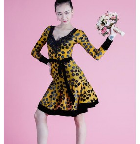 Yellow with black velvet flowers floral long sleeves v neck women's girls performance competition latin salsa cha cha dance dresses costumes