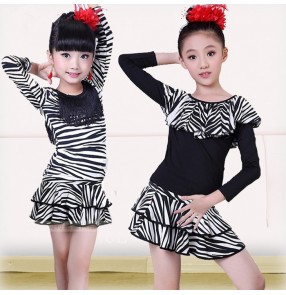 Zebra printed black patchwork short sleeves girls kids children performance gymnastics professional competition latin salsa cha cha school play  dance dresses outfits