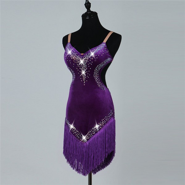 Purple backless latin dance fringe women competition latin dress ...