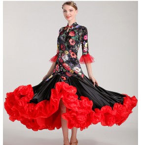 Black and red floral flowers velvet woman Competition ballroom Standard dance dress dance clothing stage flamenco ballroom dress