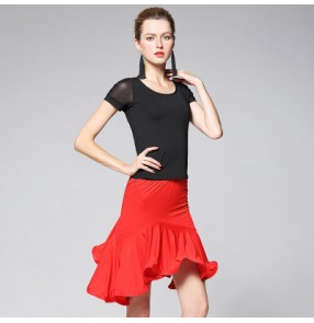 Black and red patchwork short sleeves performance competition professional women's ladies latin salsa dance dresses