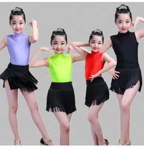 Black and red purple green patchwork fringes tassels girls performance competition leotard and skirt latin salsa dance dresses