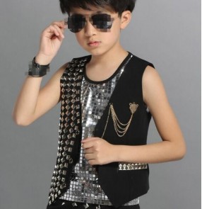 Black  and silver patchwork cotton and rivet fashion boys kids children school play stage performance singer hop hop jazz drummer playing dancing tops vest waistcoat 