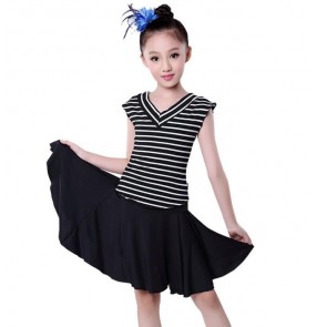 Black and white striped V neck Spandex Gymnastics Latin Dancing Dress Kids Dance Wear Skating Dresses for Girls costumes