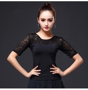 Black brown hollow long sleeves with  bowknot fashion women's ladies competition women's ladies latin ballroom dancing tops blouses shirts