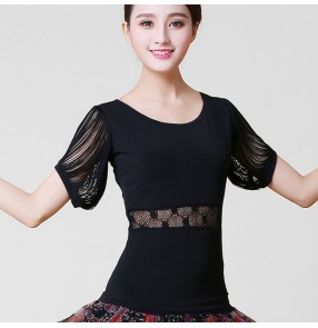Black colored women's ladies female competition lace sleeves personalized neckline ballroom latin waltz tango dance tops only 