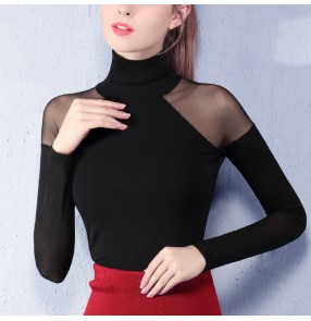 Black colored women's ladies female competition professional loose sleeves ballroom waltz tango latin dance tops only 