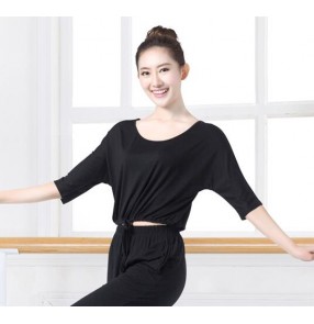 Black colored women's ladies female competition professional one loose short sleeves round neck ballroom tango waltz dance tops only 