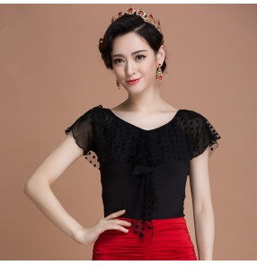 Black colored women's ladies female exposure shoulder loose v neck competition tango waltz ballroom dance tops only 