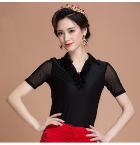 Black colored women's ladies female round neck cap lace tulle loose sleeves back cover competition professional ballroom latin tango waltz dance tops only 