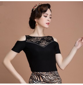 Black embroidery fuchsia flower paillette womens women's ladies female cap sleeves latin  competition tango waltz ballroom dance tops only 