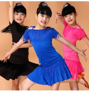 Black fuchsia royal blue girls kids children competition performance fringes latin salsa dance dresses outfits