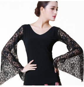 Black long sleeves hollow front sexy fashion women's ladies competition performance latin ballroom cha cha dance tops shirts blouses