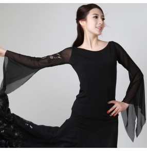 Black long sleeves women's ladies female competition performance professional ballroom tango waltz dance flamenco dancing tops blouses