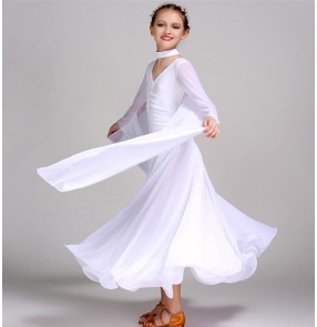 Black red white colored long sleeves girls kids children  v neck competition performance professional ballroom tango waltz dance dresses outfits