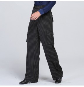 Black striped pockets wide legs competition performance men's male latin ballroom waltz dance pants