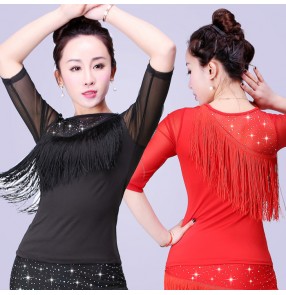 Black turtle neck microfiber and lace patchwork women's ladies fashion sexy competition professional latin cha cha ballroom dance tops