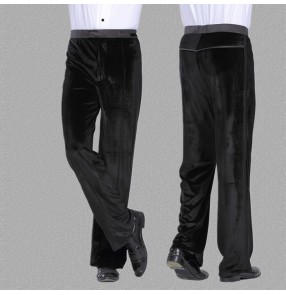 Black velvet straight long length side ribbon men's male competition performance ballroom tango waltz dance pants  trousers