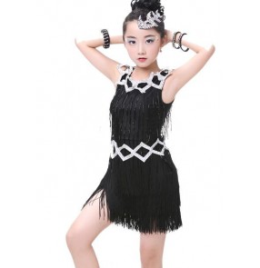 Black white rhinestones fringes glitter stage performance competition girls ballroom latin dance dresses costumes