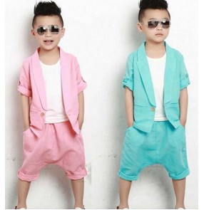 Blue pink boys toddlers kindergarten modern dance stage performance school play show hip hop dance outfits costumes set