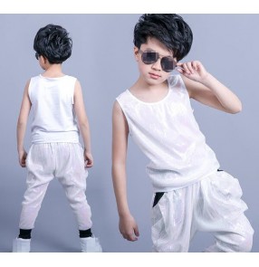 Cream white sequins glitter performance boys jazz singers dancers competition hip hop dance outfits vest harem pants