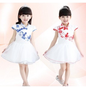 Girls child kids children baby blue and white red and white cheongsam short sleeves modern stage performance jazz dance dresses costumes