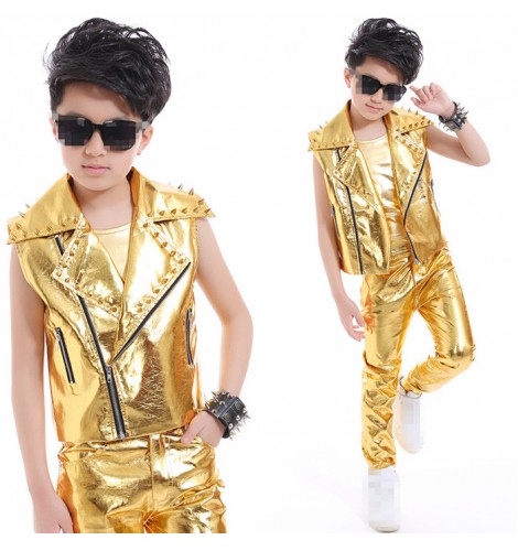 Gold glitter paillette leather fashion motorcycle rivet boys kids ...