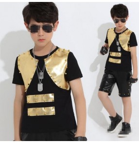 Gold rivet leather and black patchwork boys fashion kids children stage performance t show cos play school play jazz singer ds dj hip hop dance costumes outfits