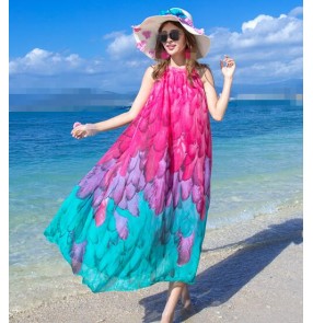 Light blue pink  flowers  girls women's ladies fashion  beach sun maxi dress vestidos