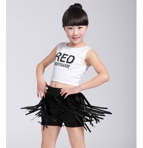 Red and black white and black split set boys kids children competition performance jazz hip hop cheerleaders dance costumes outfits