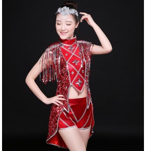 Red rhinestones sequins  fringes modern dance girls ladies women's jazz singers ds dj dancers pole dance outfits costumes outfits