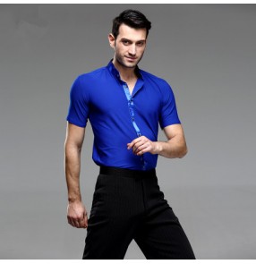  Royal blue colored Mens male man Men's stand collar short sleeves competition professional ballroom waltz tango latin dance tops shirts