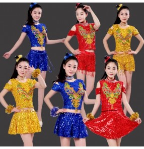 Royal blue gold red sequins paillette women's growth modern dance jazz singers hot dance hip hop popping dance outfits costumes